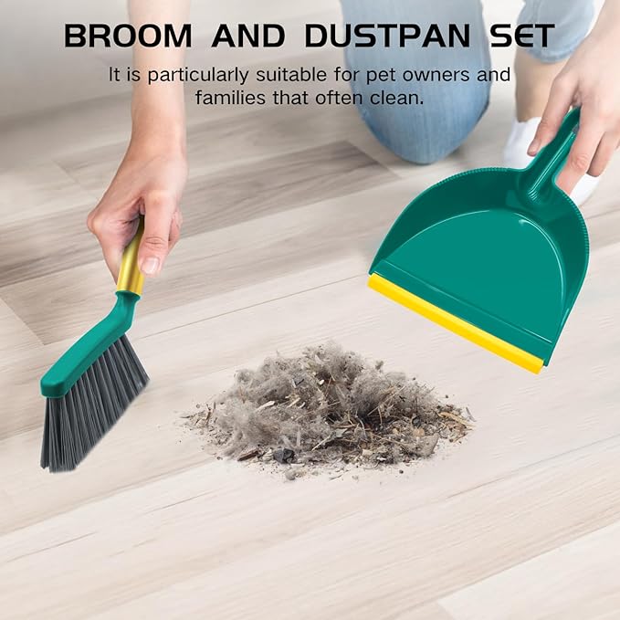 NACENA Mini Broom and Dustpan Set, Small Dust Pan and Brush Set with Handle Dustpan Teeth for Cleaning Hair Suitable for Office Desks Drawers Sofas Pet Care Outdoor Camping, Green