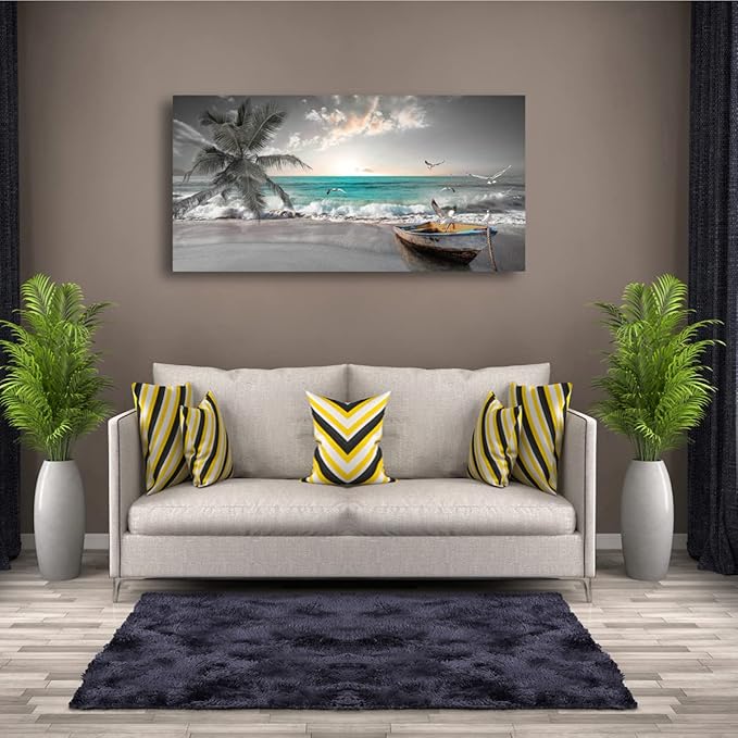 Beach Sea Wave Pictures Canvas Wall Art For Living Room Bedroom Wall Decor,Sea Wave Wall Art Print Paitnings For Home Decor,Morden Artwork Palm Boat Canvas Art Waterproof Ready To Hang-20X40Inches