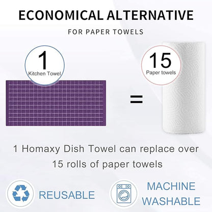 Homaxy 100% Cotton Terry Kitchen Towels(Purple, 13 x 28 inches), Checkered Designed, Soft and Super Absorbent Dish Towels, 4 Pack