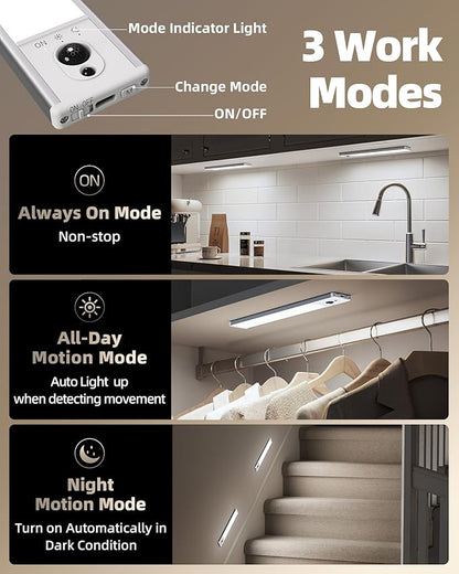 EZVALO 3 Pack Under Cabinet Lighting, Rechargeable Motion Sensor Light, LED Closet Lights Wireless, 5700K Dimmable, Timer, Magnetic, with Remote Control for Kitchen, Closet, Stair