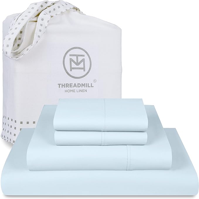 Threadmill Luxury 800 Thread Count Queen 100% Cotton Sheets - Light Blue Sateen Weave Bed-Sheets, Better Than Egyptian Cotton,4 Pc Solid Soft Bedding Set, Fits 16" Deep Pocket