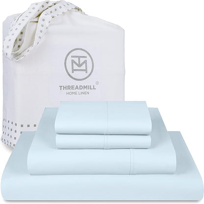 Threadmill Luxury 800 Thread Count Queen 100% Cotton Sheets - Light Blue Sateen Weave Bed-Sheets, Better Than Egyptian Cotton,4 Pc Solid Soft Bedding Set, Fits 16" Deep Pocket