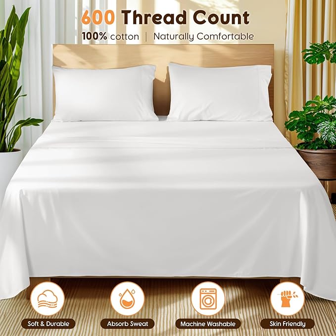 LBRO2M 100% Cotton Sheets Set King Size 600 Thread Count Sheet 4 Piece Sets Bed Sheet Deep Pocket Up to 16" Soft Comfortable All Season (King, White)