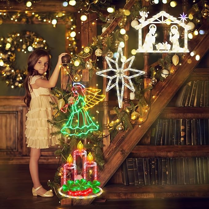Christmas Decorations 17" Christmas Window Silhouette Lights Decorations - 2 Pack Nativity Scene with Lights ＆ Lighted Bethlehem Star for Holiday Indoor and Outdoor Wall Door Window Decorate