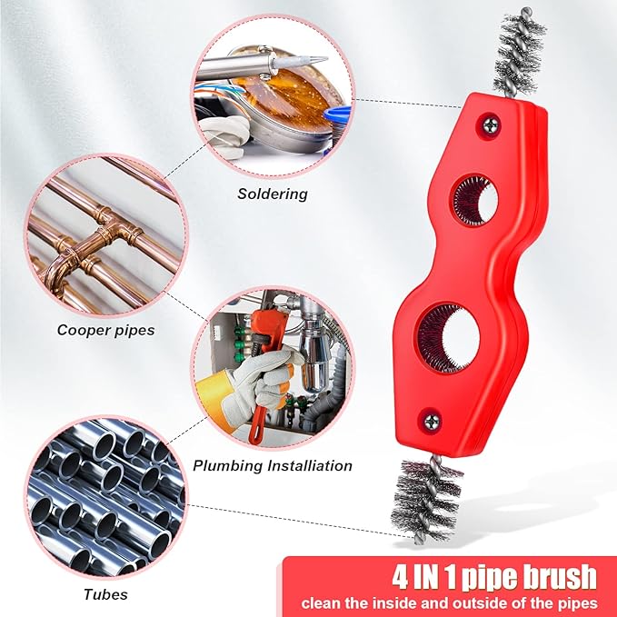 Honoson 4 Pieces Copper Pipe Cleaner 4 in 1 Copper Tubing Brush Pipe Cleans Inside Outside Thread Cleaner Plumber Brush Cleans Tool for Plumbing Installation Soldering Brazing(Black, Red)