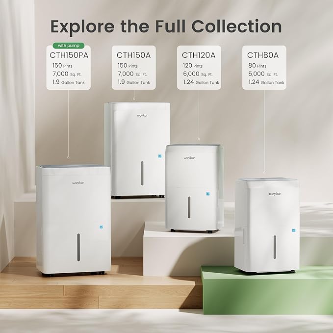 Waykar 120 Pint 2025 Energy Star Dehumidifier for Home, Basement, Large Rooms up to 6,000 Sq. Ft. - Auto Defrost, Ultra Quiet(40 dB), Auto Comfort Mode, with Drain Hose & Water Tank