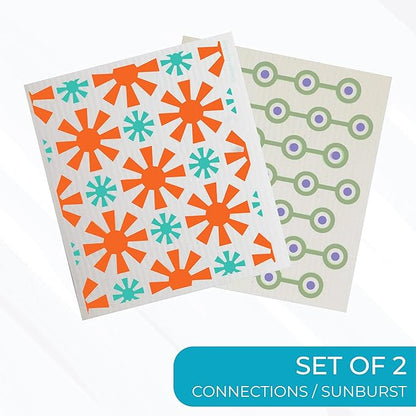 Skoy Cloth 2-Pack Eco-Friendly & Reusable Swedish Dishcloth, for Kitchen & Household Use, Plastic-Free Packaging, Dishwasher Safe, Designer Series – Connections/Sunburst, White Skoy Cloth