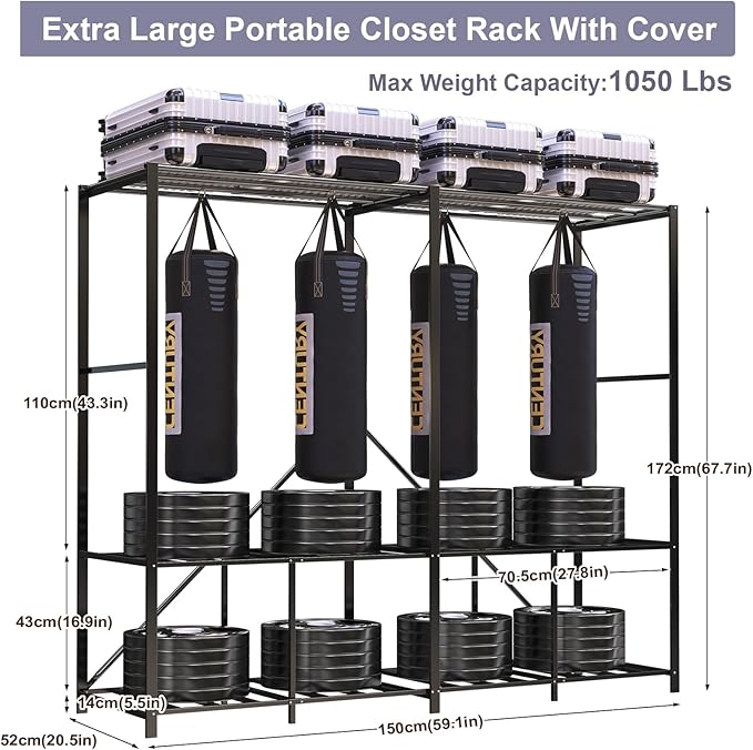 95% Assembeld Strong Garment Rack, 59" L Premium Metal Clothes Organizers and Storage, Portable Foldable Freestanding Heavy Duty Clothes Rack with Cover,Black
