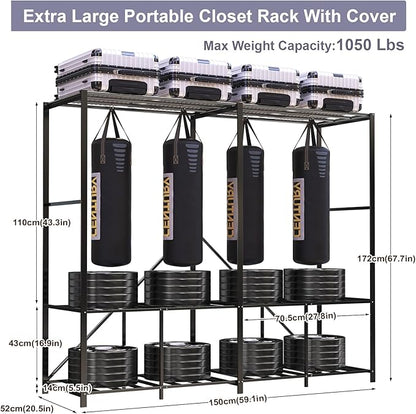 95% Assembeld Strong Garment Rack, 59" L Premium Metal Clothes Organizers and Storage, Portable Foldable Freestanding Heavy Duty Clothes Rack with Cover,Black