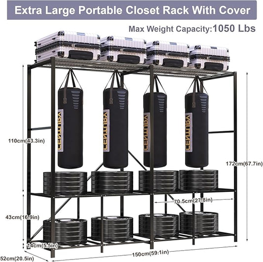95% Assembeld Strong Garment Rack, 59" L Premium Metal Clothes Organizers and Storage, Portable Foldable Freestanding Heavy Duty Clothes Rack with Cover,Black