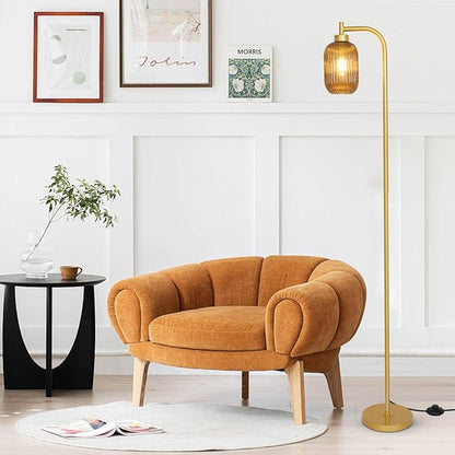 Glass Floor Lamps for Living Room, Vintage Gold Standing Lamp with LED Bulb, Amber Stripe Glass Shade, Foot Switch, Mid Century Modern Brass Tall Corner Lamp for Bedroom Office Reading Room