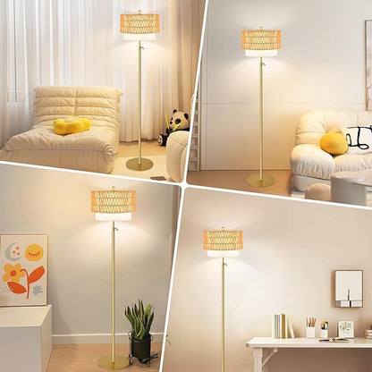 Gold Floor Lamps for Living Room Boho Floor Lamp with Rattan & Fabric Shade, Modern Adjustable Height Standing Lamp Vintage Tall Floor Lamp for Bedroom Living Room Reading Corner (Bulb Included)