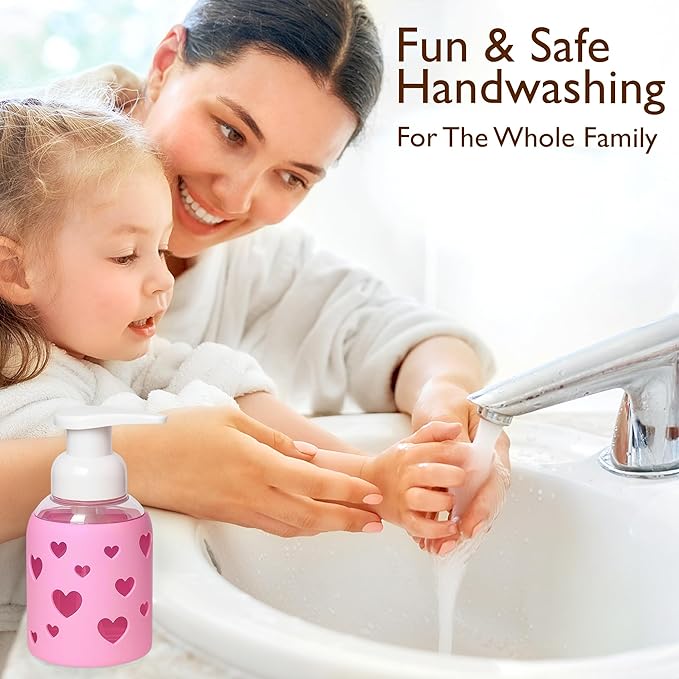 SoCal Suds & Company Glass Foaming Hand Soap Dispenser, Heart Silicone Sleeve, Refillable Pump Bottle for Kids, Baby Wash & Shampoo, Ideal for Home Use, Bright Pink 8oz