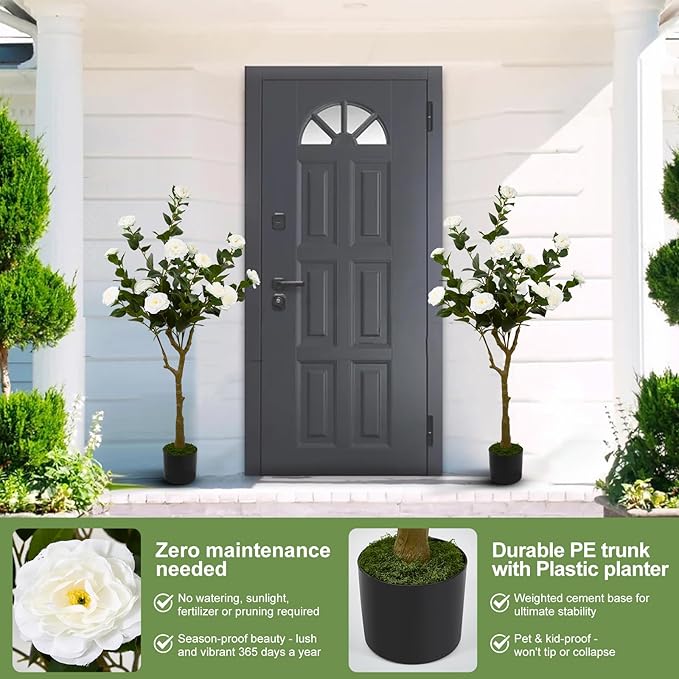 47" Artificial Camellia Tree,2 Pack Fake Flower Plants Artificial Tree with Greenery Leave, Faux Plants with White Flowers for Summer Modern Office Outdoor Outside Decor Front Door
