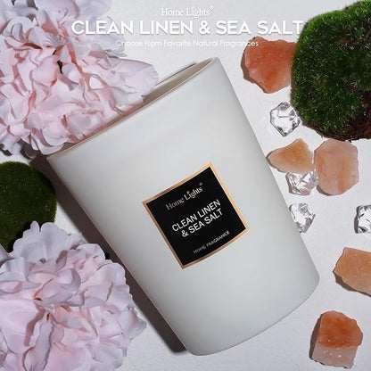 HomeLights Scented Candles - Large Jar Aromatherapy, Natural Soy Wax, 130 Hour Long Burning, Clean Linen & Sea Salt