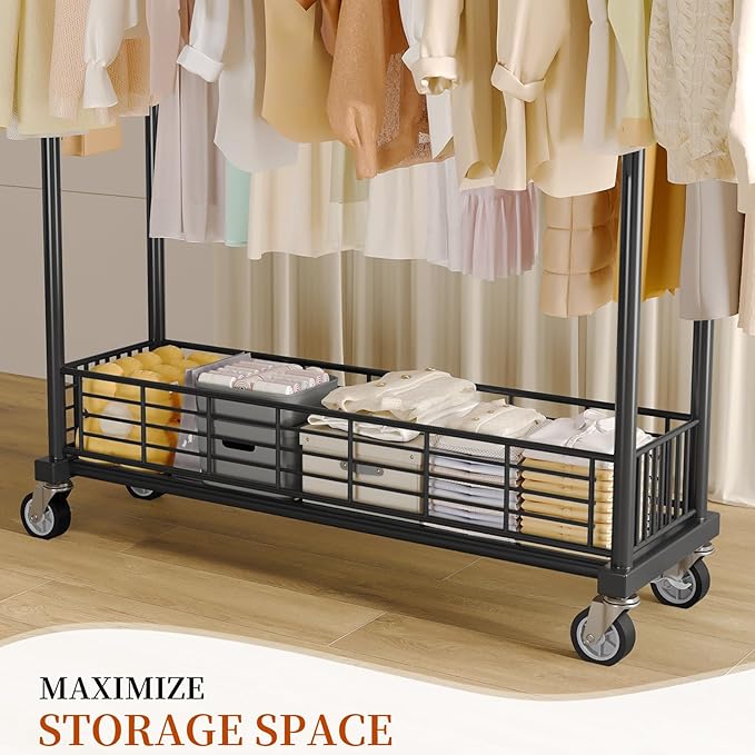 Heavy Duty Clothes Rack - Double Rod Clothing Racks for Hanging Clothes, Portable & Adjustable Garment Rack with Wheels, Rolling Clothes Rack Load 670LBS for Bedrooms, Laundry, Closet (Black)