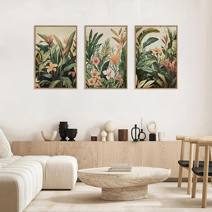HLNIUC Boho Tropical Leaves Wall Art,Modern Abstract Floral Canvas Wall Decor Set of 3(16”x24”) Green Plant Banana Leaf Painting,Tropical Botanical Jungle Art Print for Living Room,Bedroom,Office