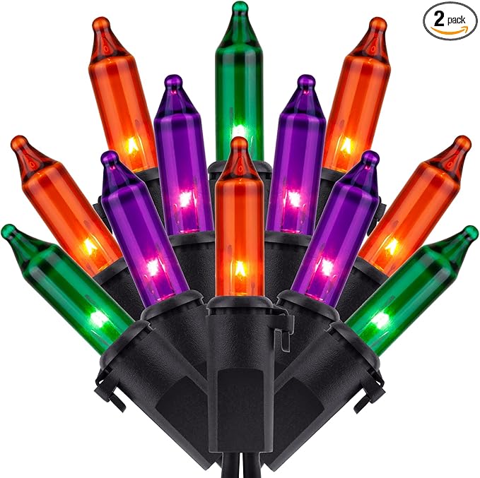 200 Count Orange Green & Purple Christmas Lights, Pack of 2 Strands 100 Count 33 ft Black Wire UL Listed Halloween String Light (Orange Green & Purple)