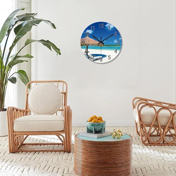 XFM Beach Wall Clock Battery Operated 16 Inch Blue Ocean Glass Wall Clocks Silent Non Ticking Tropical Summer Coastal Clock for Bedroom Living Room Office