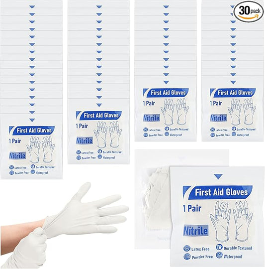 30 Pairs Disposable Emergency Glove Individually Packaged Travel Gloves Travel Trauma Essential Nitrile Glove (White)