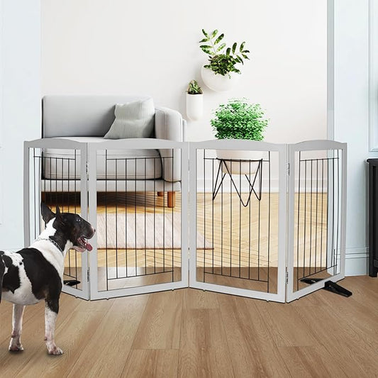 ZJSF Freestanding Dog Fence Indoor, Foldable Dog Gate for Doorways, Stairs or Hallways, Sturdy Wood Extra Wide Pet Gate with Support Feet for The House, Grey, 32 "Height-4 Panels