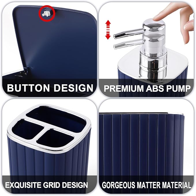 Navy Blue Bathroom Accessories Set - Gorgeous Bathroom Set, 10PC Bathroom Accessory Set, Toilet Brush, Trash Can, Qtip Holder Dispenser & Soap Dispenser