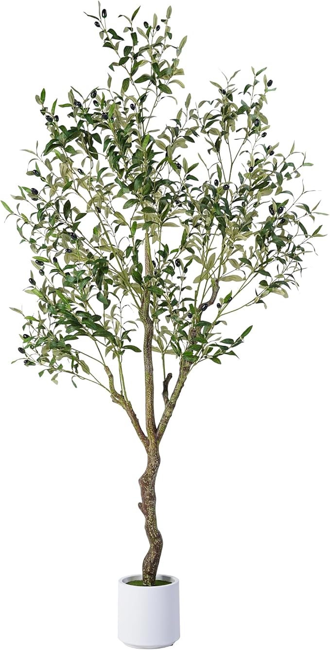 Artificial Olive Tree 6FT, Indoor Fake Silk Plant with Realistic Trunk, Leaves, Fruits and White Planter, Faux Potted Tree for Home Decor and Housewarming Gift, 1 Pack