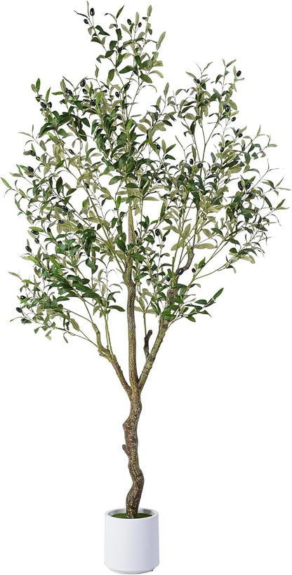 Artificial Olive Tree 6FT, Indoor Fake Silk Plant with Realistic Trunk, Leaves, Fruits and White Planter, Faux Potted Tree for Home Decor and Housewarming Gift, 1 Pack