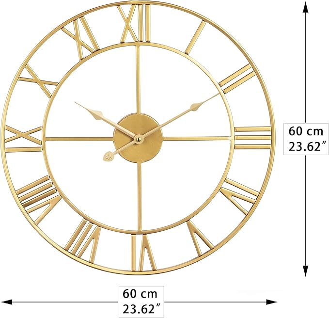 LEIKE Large Modern Wall Clocks,24" Gold Metal,Rustic,Round,Silent Non Ticking,Battery Operated Roman Numerals Clock for Living Room/Bedroom/Kitchen Wall Decor-(Gold, 60cm)