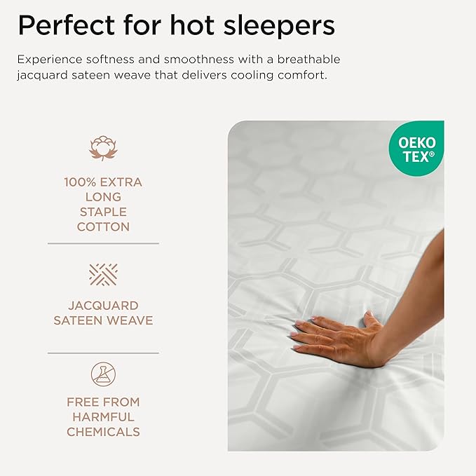 Threadmill 100% Cotton Sheets for King Size Bed - 600 Thread Count King Bed Sheets Set with 16” Deep Pocket - Jacquard Sateen Weave 4-Piece Bedding Set with Cooling Effect, Light Grey
