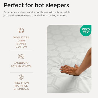 Threadmill 100% Cotton Sheets for Queen Size Bed - 600 Thread Count Queen Bed Sheets Set with 16” Deep Pocket - Jacquard Sateen Weave 4-Piece Bedding Set with Cooling Effect, Light Grey