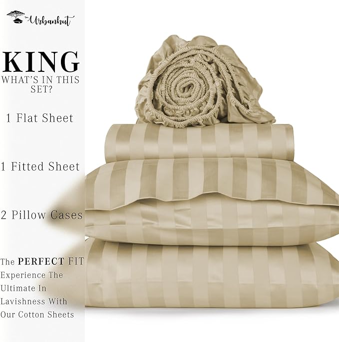 URBANHUT 800 Thread Count Egyptian Cotton Damask Striped King Size Sheets Set (4 Pc) - Ultra Soft & Smooth, Sateen Weave King Size Sheets, Luxury Hotel Sheets with 16" Deep Pocket - Sand