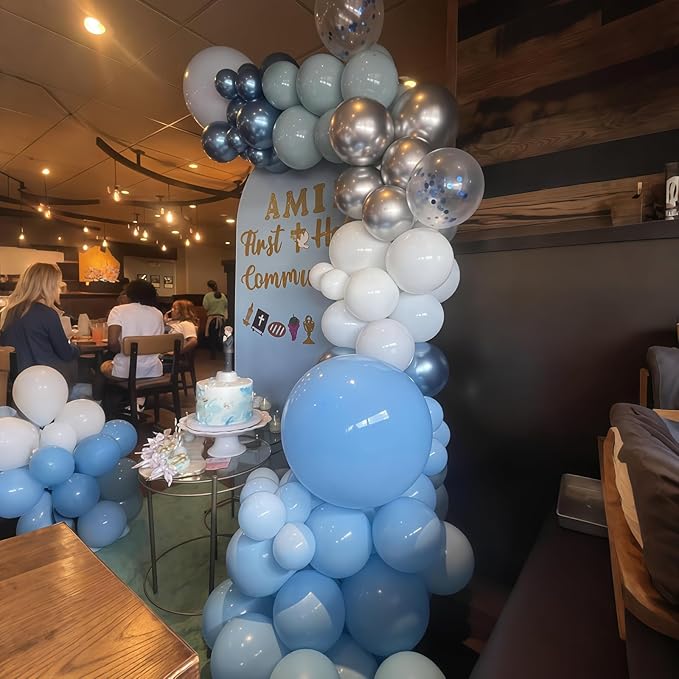 60 Pcs Baby Blue and Silver Balloons, 12 Inch Light Blue Dusty Pale Blue White Latex Balloons with Chrome Metallic Silver Party Balloons for Boys Baby Shower Baptism Winter Birthday Party Decorations