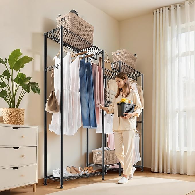 VEVOR Clothing Garment Rack, Heavy Duty Closet Wardrobe, Adjustable Tiers Clothes Racks with Steel Frame, for Bedroom, Clothing Store, Hallway