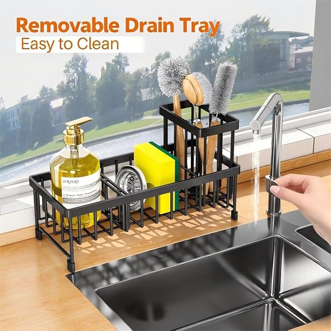 Black Sponge Holder for Kitchen Sink, Sink Caddy with Brush Holder Self-draining Sponge, Sturdy Rustproof Stainless Steel Kitchen Countertop Organizer for Soap Dispenser