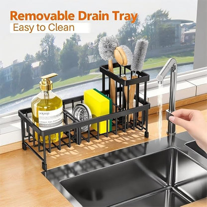 Black Sponge Holder for Kitchen Sink, Sink Caddy with Brush Holder Self-draining Sponge, Sturdy Rustproof Stainless Steel Kitchen Countertop Organizer for Soap Dispenser