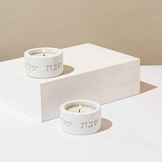 SURI Shabbat Candle Holders Set – Modern Judaica Shabbat Candlesticks for Tea Lights – Concrete Shabbos Candles Holders, Dripless Design – Jewish Gift & Home Decor