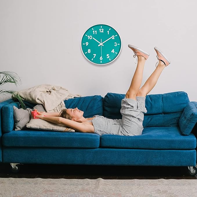 JENLYSTIME 12 Inch Modern Indoor Outdoor Wall Clock,Round Bright Colorful Dial,Non Ticking Silent Quartz Battery Operated Wall Clocks,Easy to Read Simple Style Decor Clock for Bedroom,Kitchen(Teal)