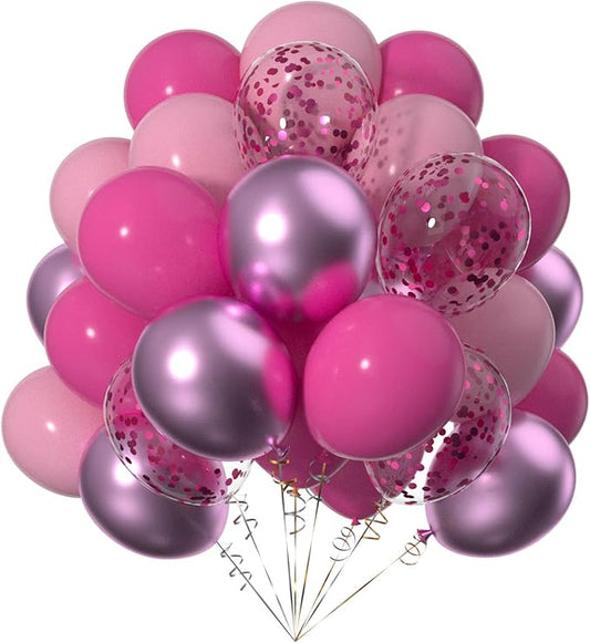 12 Inch Hot Pink, Macaron Pastel, Chrome Metallic, Confetti, and Purple Latex Balloons for Party Decorations - Pack of 50