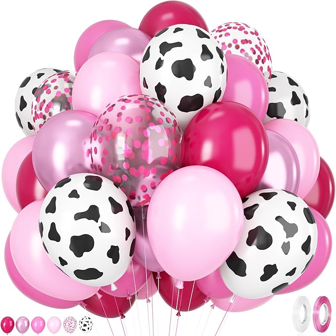 Pink Cow Balloons, 12Inch 50pcs Hot Pink Cow Balloons with Confetti Balloon for Girl Bithday Baby Shower Party Farm Animal Themed Party Decor