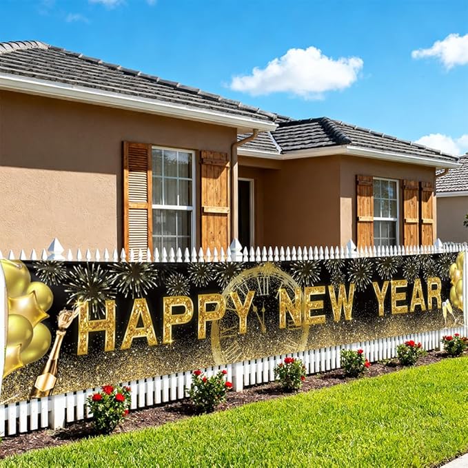 New Years Eve Banner for 2026, Gold Happy New Year Backdrop Great New Yeras Decorations for Outdoor Indoor Home Wall 118x19.69inch