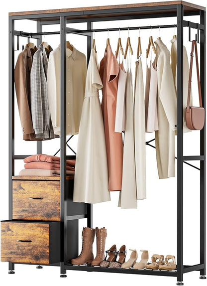 Lulive Clothes Rack, Heavy Duty Garment Rack for Hanging Clothes, Industrial Clothing Racks with Shelves, 2 Fabric Drawers, 4 Hooks, 2 Hanging Rods, Freestanding Closet Organizer, Rustic Brown