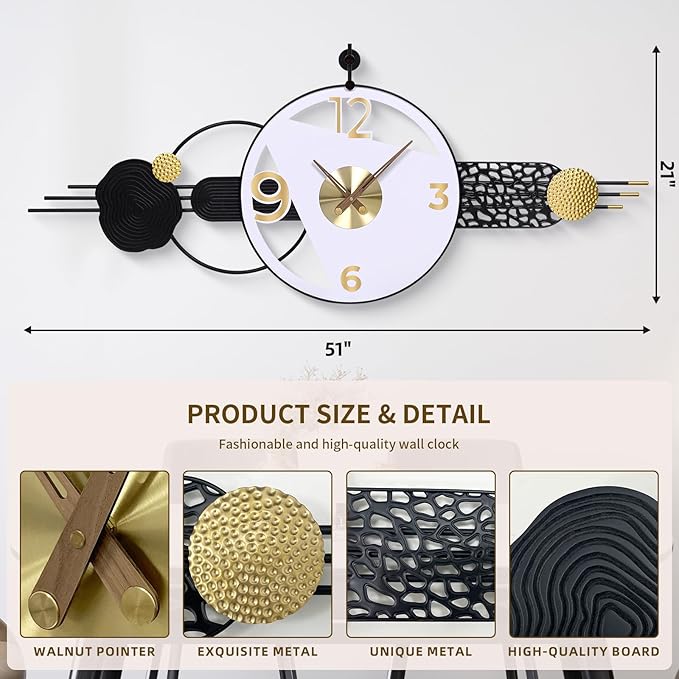 51x21 Inches Large Modern Silent Wall Clock Battery Operated, Non-Ticking Quartz Decorative Analog Clocks for Living Room, Bedroom, Hallway - Abstract Art Home & Office Decor, Easy to Read