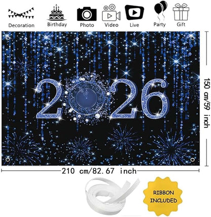 MEHOFOND 7x5ft Black and Blue 2026 New Year Backdrop Cheers to 2026 Photography Background Hello 2026 Dripping Glitter Dots Fireworks Clock Decor Time to 2026 New Year Eve Cake Smash Photo Props