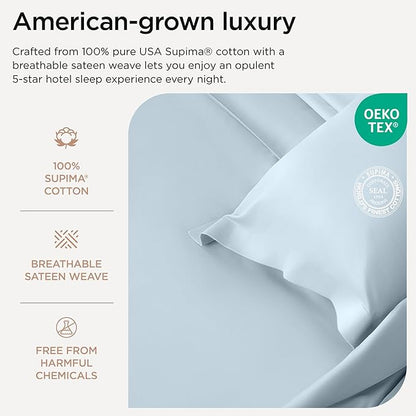 Threadmill Supima King Size Sheets, 1200 Thread Count, 4 Piece American Luxury Bed Sheets for King Mattress, 5 Star Hotel Quality Cotton Sheets with Elasticized Extra Deep Pocket, Light Blue
