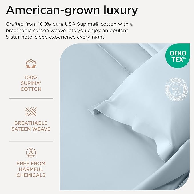 Threadmill California King Certified American Supima Cotton Sheets - 1200 Thread Count Hotel Quality 4 Piece Luxury Bed Set With Elasticized Extra Deep Pocket, Light Blue