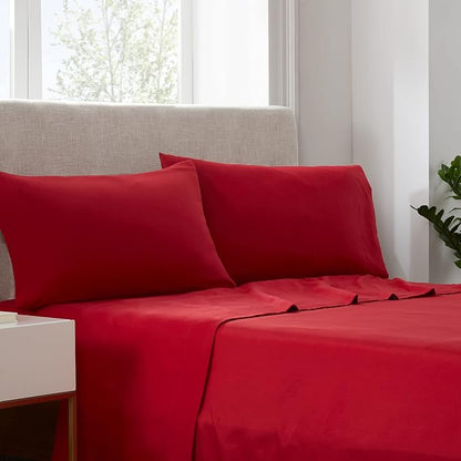 Serta Simply Clean Super Soft Hypoallergenic Stain Resistant Deep Pocket 4 Pieces Solid Bed Sheet Set, Full, Red