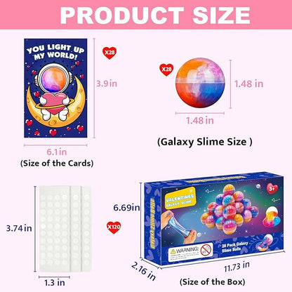 28 Pack Valentines Day Gifts for Kids,Galaxy Slime with Valentines Cards for Kids, Stress Relief Fidget Toys Set, Classroom Exchange Gifts, Valentine's Day Party Favors, School Prizes