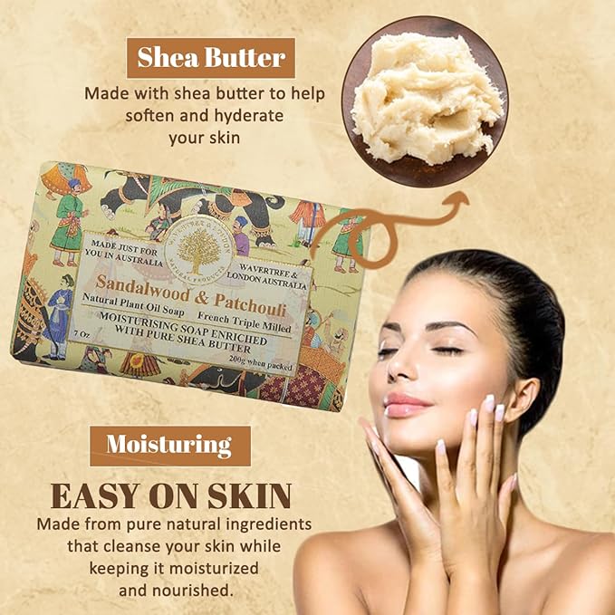 Wavertree & London Sandalwood & Patchouli Scented Natural Soap Bars (Pack of 8), 7oz Moisturizing French Triple Milled Soap Bars enriched with shea butter, Plant Based Safe for All Skin Types
