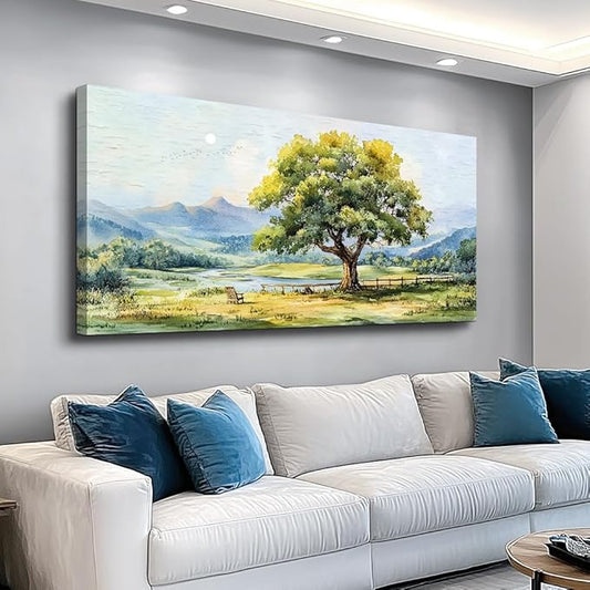 QIYILEXWART Large Wall Decor For Living Room Canvas Wall Art For Office Modern Wall Decorations For Bedroom Green Tree Landscape Painting Farmhouse Pictures Artwork Room Home Decor 24x48 In